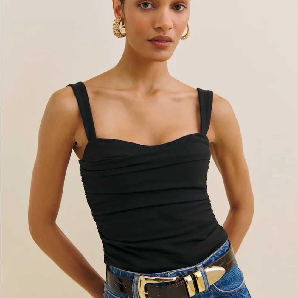 Reformation Black Ruched Square Neck Tank Top